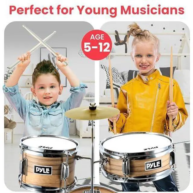 Alt view image 2 of 6 - Pyle Kids Drum Set, 3 Piece Beginner Junior Drummer Kit with 13" Bass Drum, Snare, Tom, Cymbal, Adjustable Throne, Mutes, Drumsticks, Natural