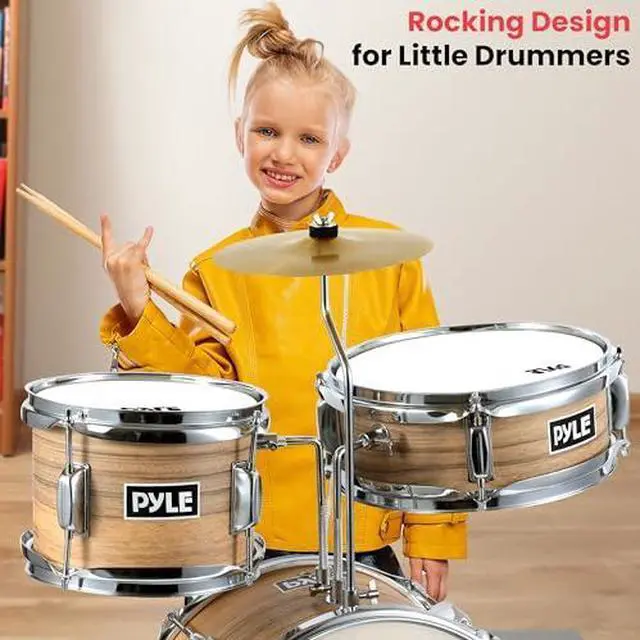 Alt view image 3 of 6 - Pyle Kids Drum Set, 3 Piece Beginner Junior Drummer Kit with 13" Bass Drum, Snare, Tom, Cymbal, Adjustable Throne, Mutes, Drumsticks, Natural