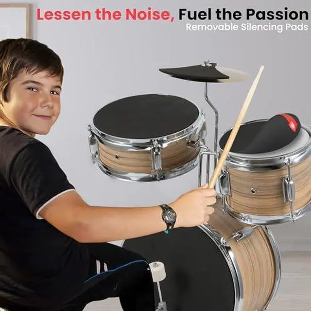 Alt view image 5 of 6 - Pyle Kids Drum Set, 3 Piece Beginner Junior Drummer Kit with 13" Bass Drum, Snare, Tom, Cymbal, Adjustable Throne, Mutes, Drumsticks, Natural