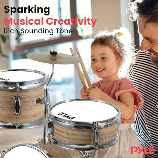 Alt view image 6 of 6 - Pyle Kids Drum Set, 3 Piece Beginner Junior Drummer Kit with 13" Bass Drum, Snare, Tom, Cymbal, Adjustable Throne, Mutes, Drumsticks, Natural