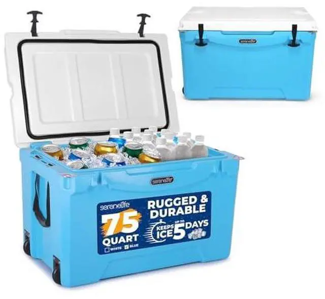 Main image of SereneLife Ultra-Tough 75 Quart Rotomolded Cooler Box with Wheels, Holds Upto 104 Cans, Keeps Ice Up to 5 Days, Heavy-Duty Insulated Portable Ice Chest Box, Ideal for Camping, Beach, and Outdoors