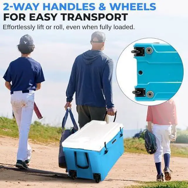Alt view image 4 of 7 - SereneLife Ultra-Tough 75 Quart Rotomolded Cooler Box with Wheels, Holds Upto 104 Cans, Keeps Ice Up to 5 Days, Heavy-Duty Insulated Portable Ice Chest Box, Ideal for Camping, Beach, and Outdoors