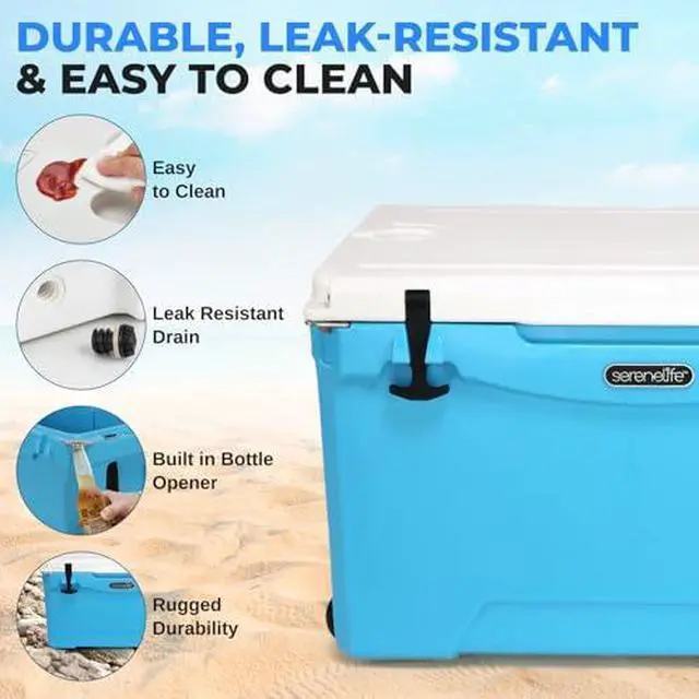 Alt view image 5 of 7 - SereneLife Ultra-Tough 75 Quart Rotomolded Cooler Box with Wheels, Holds Upto 104 Cans, Keeps Ice Up to 5 Days, Heavy-Duty Insulated Portable Ice Chest Box, Ideal for Camping, Beach, and Outdoors