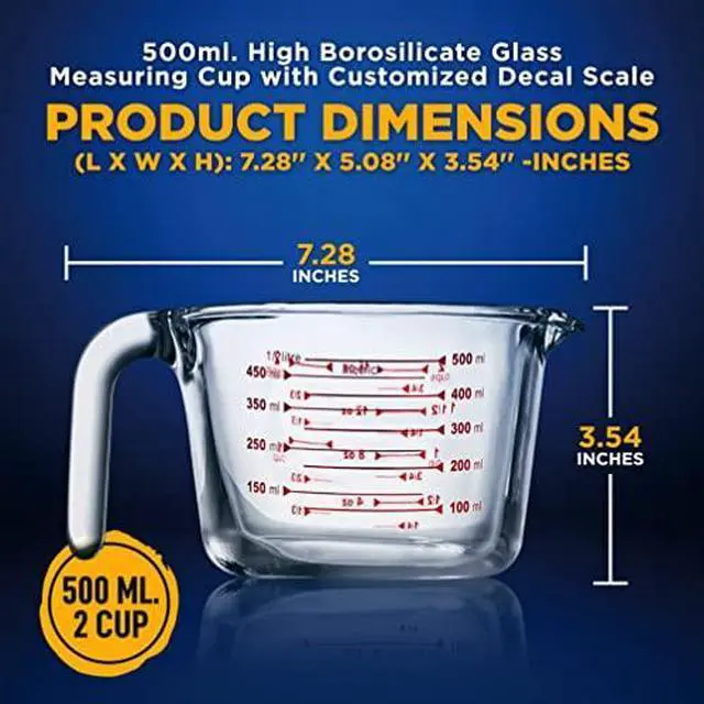 Alt view image 2 of 6 - NutriChef High Borosilicate Glass Measuring Cup with Customized Decal Scale, 500 ml, Safe to Use in Microwave and Freezer, Oven and Dishwasher Safe