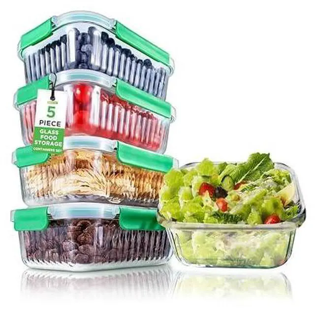 Main image of NutriChef 10-Piece Superior Glass Food Storage Containers Set (5 Containers + 5 Locking Lids),Stackable Meal-prep Design, BPA-free Airtight Clear Locking lids with Vent Lids & Air Hole, Wave