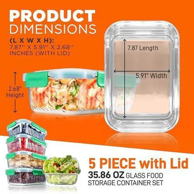 Alt view image 2 of 6 - NutriChef 10-Piece Superior Glass Food Storage Containers Set (5 Containers + 5 Locking Lids),Stackable Meal-prep Design, BPA-free Airtight Clear Locking lids with Vent Lids & Air Hole, Wave