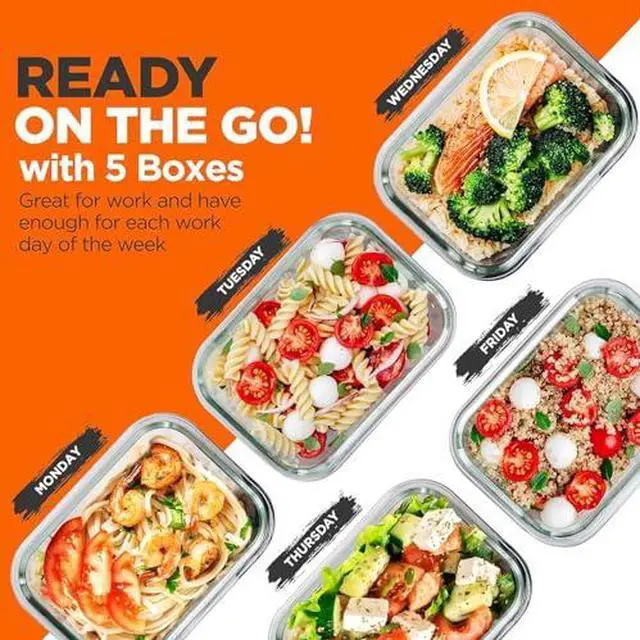 Alt view image 4 of 6 - NutriChef 10-Piece Superior Glass Food Storage Containers Set (5 Containers + 5 Locking Lids),Stackable Meal-prep Design, BPA-free Airtight Clear Locking lids with Vent Lids & Air Hole, Wave