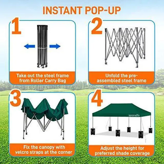 Alt view image 2 of 7 - Pop Up Canopy Tent 10x20-Commercial Instant Shelter Foldable/Collapsible Sun Shade Canopy Pop Up Tent w/Waterproof Tent Top, Portable Carry Bag & Sand Bag - SereneLife SLGZ20FG (Forest Green)