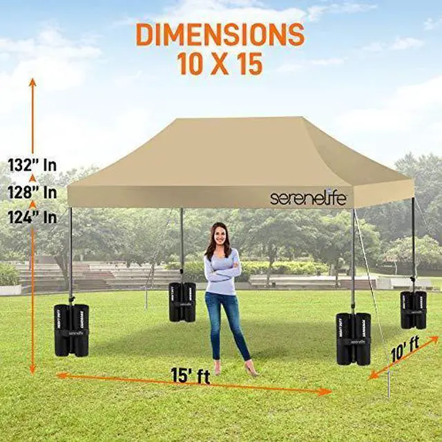 Alt view image 3 of 7 - Pop Up Canopy Tent 10x15 - Commercial Instant Shelter Foldable/Collapsible Sun Shade Canopy Pop Up Tent w/Waterproof Tent Top, Portable Carry Bag & Sand Bag - SereneLife SLGZ15K (Khaki)