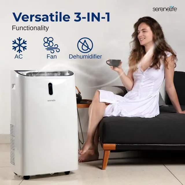 Alt view image 3 of 7 - Serene Life Portable Air Conditioner - 14000 BTU Cooling Capacity (ASHRAE) Compact Home A/C Cooling Unit with Built-in Dehumidifier & Fan Modes, Includes Window Mount Kit (White)