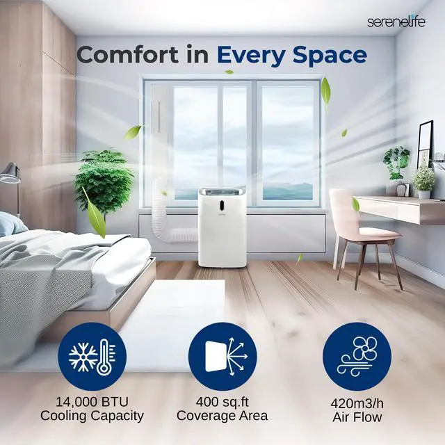 Alt view image 6 of 7 - Serene Life Portable Air Conditioner - 14000 BTU Cooling Capacity (ASHRAE) Compact Home A/C Cooling Unit with Built-in Dehumidifier & Fan Modes, Includes Window Mount Kit (White)