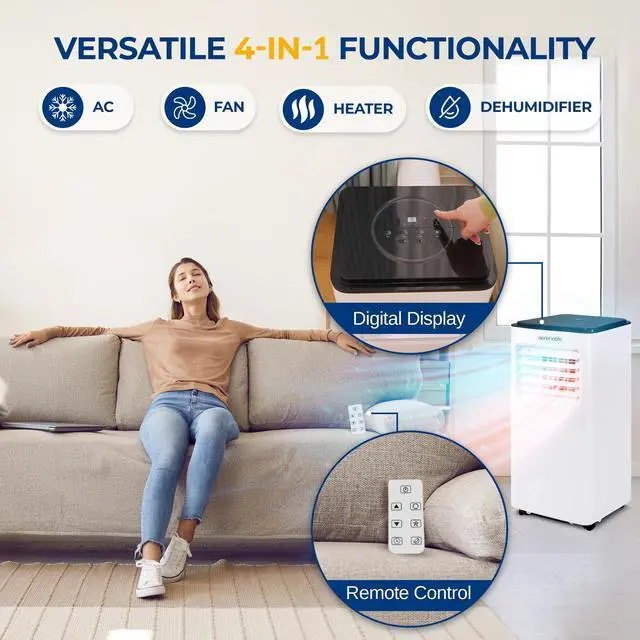 Alt view image 3 of 7 - Serene Life Single Duct Portable Air Conditioner and Heater - 8000 BTU Cooling Capacity Compact Home A/C Cooling and Heating Unit with Built-in Dehumidifier & Fan Modes (White)