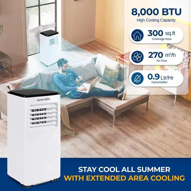 Alt view image 2 of 7 - Serene Life Single Duct Portable Air Conditioner and Heater - 8000 BTU Cooling Capacity Compact Home A/C Cooling and Heating Unit with Built-in Dehumidifier & Fan Modes (White)
