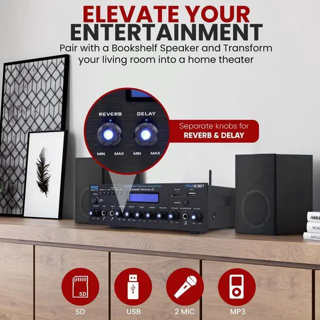 Alt view image 4 of 7 - Pyle Wireless BT Streaming Amplifier, Multi-Channel 200Watt Power, Home Audio Receiver System with FM Radio, BT, USB/SD, AUX, RCA, Mic-in, BT&FM Antenna