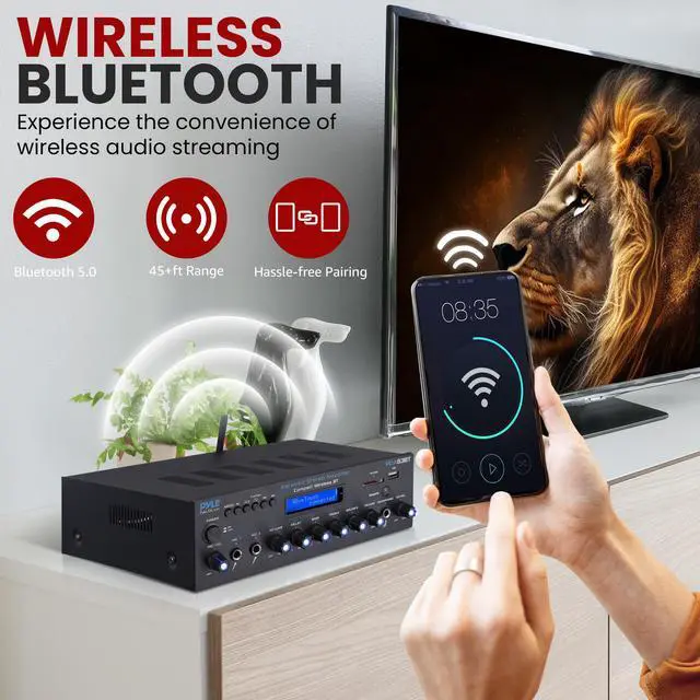 Alt view image 5 of 7 - Pyle Wireless BT Streaming Amplifier, Multi-Channel 200Watt Power, Home Audio Receiver System with FM Radio, BT, USB/SD, AUX, RCA, Mic-in, BT&FM Antenna