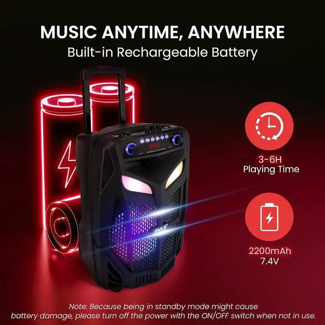 Alt view image 6 of 7 - Pyle 12 Bluetooth Portable PA Speaker - Rechargeable Party System with Wireless Microphone, LED Lights, USB/FM Radio - 800W MAX