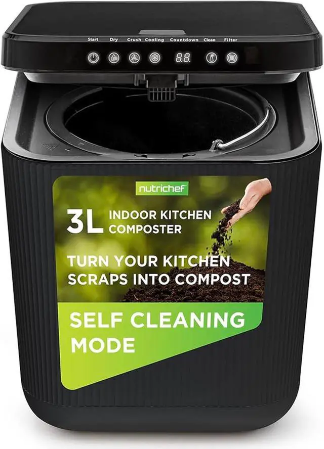 Alt view image 7 of 7 - NutriChef USA Food Waste Bin - 3L Countertop Compost Bin with Automatic Food Cycler and Odor-Reducing Filter (Grey)