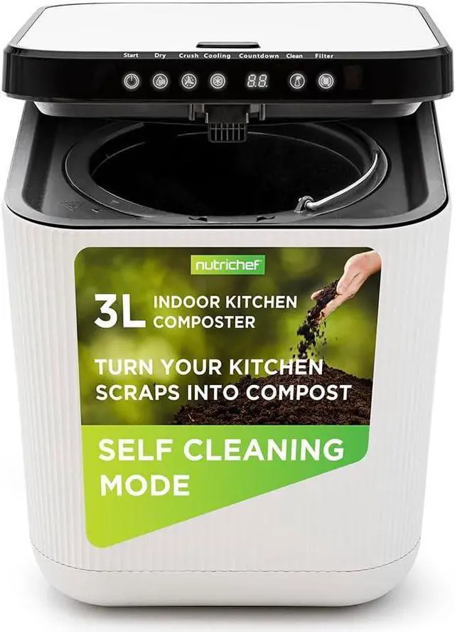 Main image of NutriChef Food Waste Bin - 3L Countertop Compost Bin with Automatic Food Cycler and Odor-Reducing Filter (White)