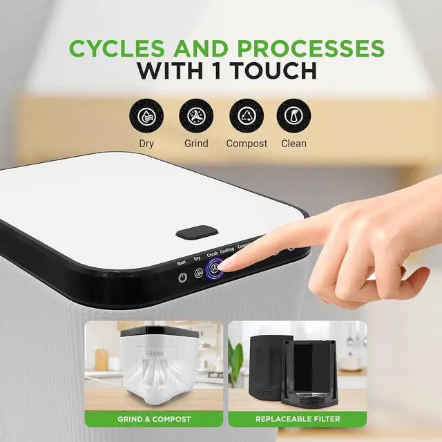 Alt view image 3 of 7 - NutriChef Food Waste Bin - 3L Countertop Compost Bin with Automatic Food Cycler and Odor-Reducing Filter (White)