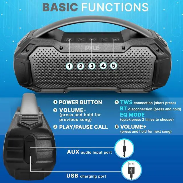 Alt view image 2 of 7 - Pyle Portable Wireless Bluetooth Streaming Speaker - IPX6 Waterproof, TWS Function, Outdoor Play, Built-in Microphone - Black