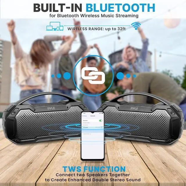 Alt view image 4 of 7 - Pyle Portable Wireless Bluetooth Streaming Speaker - IPX6 Waterproof, TWS Function, Outdoor Play, Built-in Microphone - Black