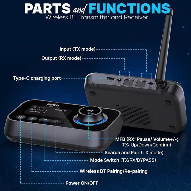 Alt view image 2 of 7 - Pyle 2-in-1 Bluetooth Transmitter Receiver with LCD Display - Wireless Audio Adapter for Optical and AUX Jacks - PDWM18BT