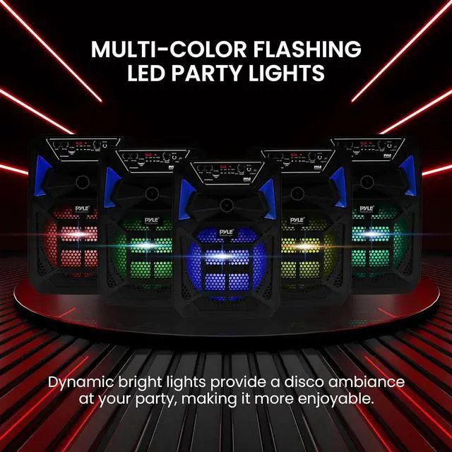 Alt view image 3 of 7 - Pyle Portable Bluetooth PA Speaker System Kit - Karaoke Speaker with Wired Mic, LED Party Lights, FM Radio, USB/SD Readers, and Stand - PPHP82SM