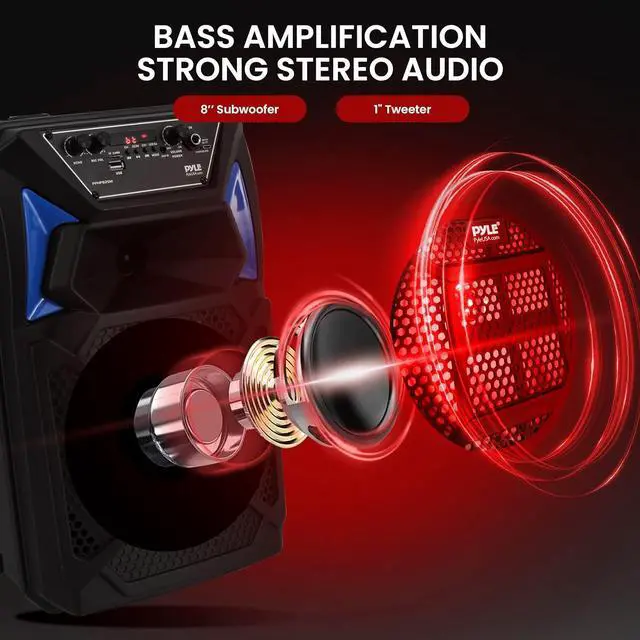 Alt view image 6 of 7 - Pyle Portable Bluetooth PA Speaker System Kit - Karaoke Speaker with Wired Mic, LED Party Lights, FM Radio, USB/SD Readers, and Stand - PPHP82SM