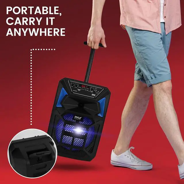 Alt view image 4 of 7 - Pyle Portable Bluetooth PA Speaker System Kit - Karaoke Speaker with Wired Mic, LED Party Lights, FM Radio, USB/SD Readers, and Stand - PPHP82SM