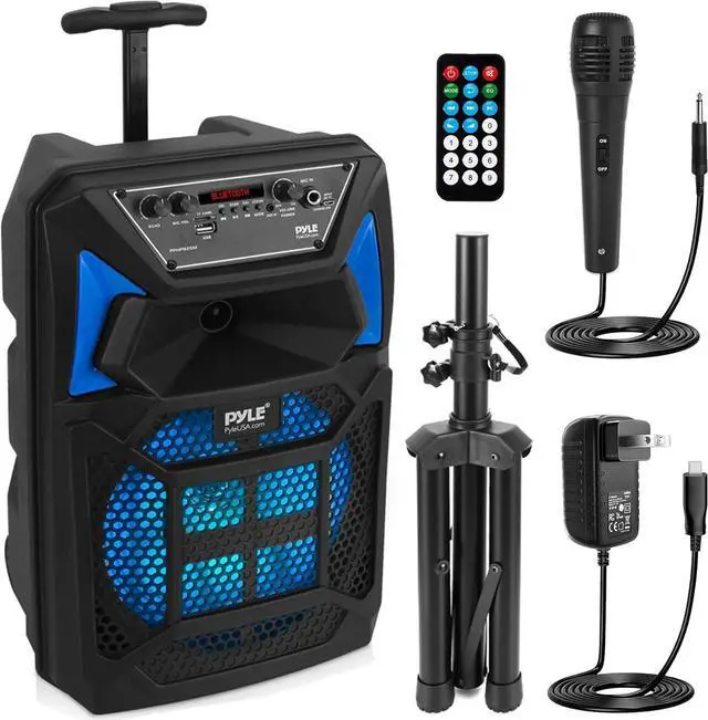 Main image of Pyle Portable Bluetooth PA Speaker System Kit - Karaoke Speaker with Wired Mic, LED Party Lights, FM Radio, USB/SD Readers, and Stand - PPHP82SM