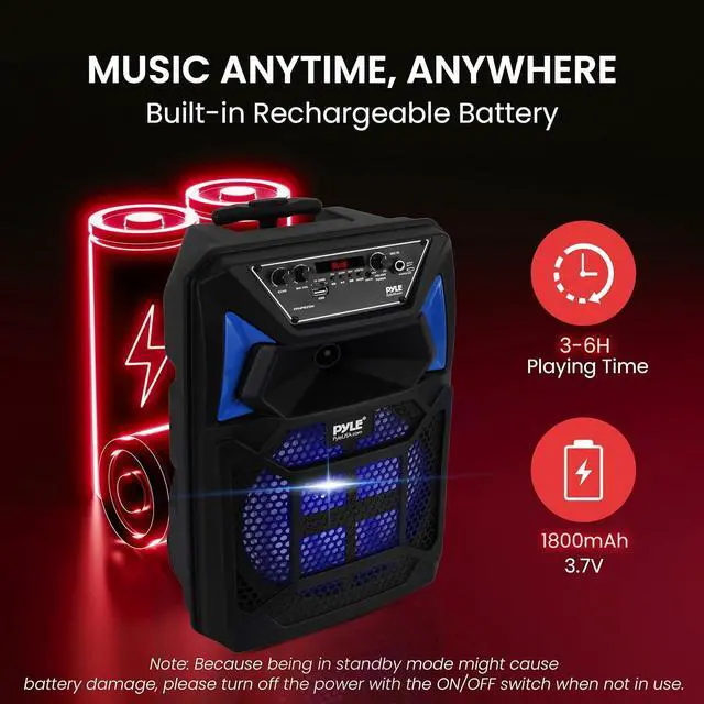Alt view image 5 of 7 - Pyle Portable Bluetooth PA Speaker System Kit - Karaoke Speaker with Wired Mic, LED Party Lights, FM Radio, USB/SD Readers, and Stand - PPHP82SM