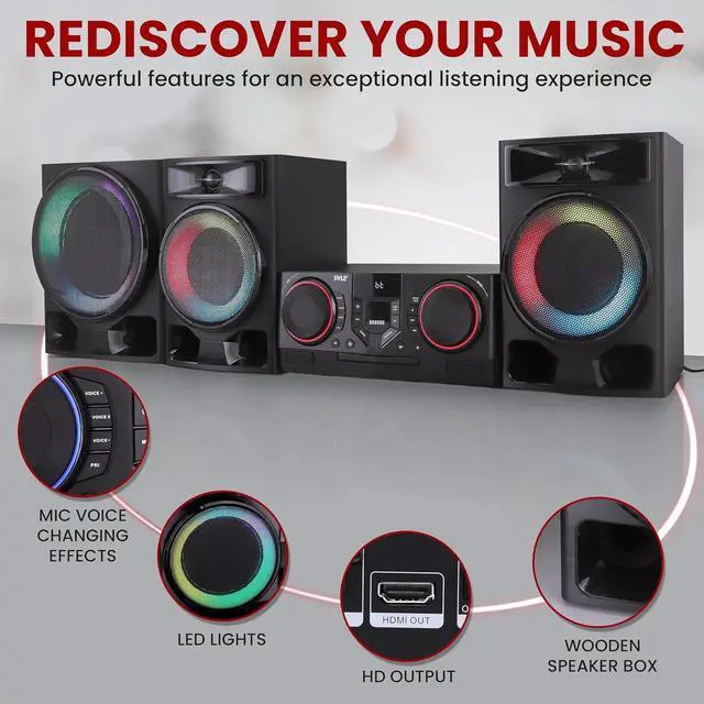 Alt view image 3 of 7 - Pyle Mini Hi-Fi Bluetooth Stereo System - 4-Piece Home Audio System with MP3, USB, FM Radio, DSP-Tech, and Remote Control - PHSKR33