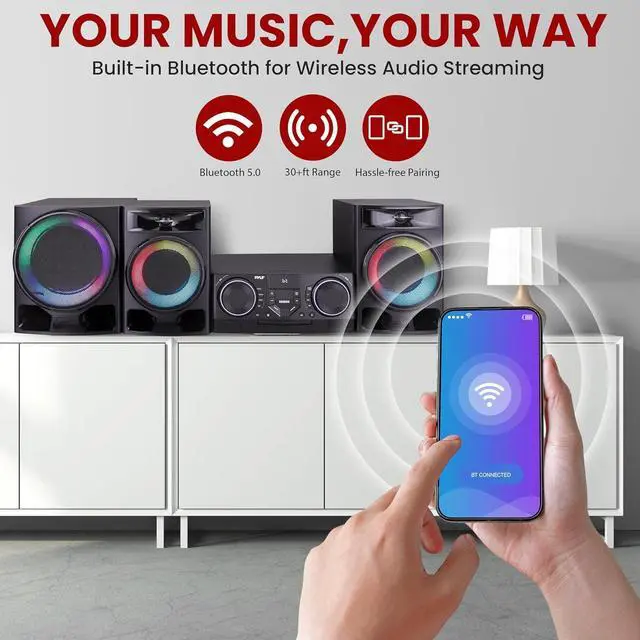 Alt view image 4 of 7 - Pyle Mini Hi-Fi Bluetooth Stereo System - 4-Piece Home Audio System with MP3, USB, FM Radio, DSP-Tech, and Remote Control - PHSKR33