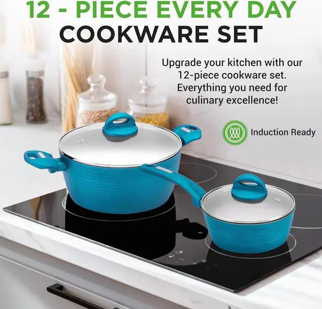 Alt view image 4 of 6 - NutriChef USA 12-Piece Home Kitchen Cookware Set - Non-Stick Pots and Pans with Heat-Resistant Lacquer Exterior, Light Gray Inside and Green Outside - NCCW12GR
