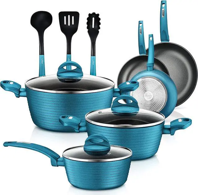 Main image of NutriChef USA 12-Piece Home Kitchen Cookware Set - Non-Stick Pots and Pans with Heat-Resistant Lacquer Exterior, Light Gray Inside and Green Outside - NCCW12GR