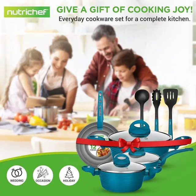 Alt view image 3 of 6 - NutriChef USA 12-Piece Home Kitchen Cookware Set - Non-Stick Pots and Pans with Heat-Resistant Lacquer Exterior, Light Gray Inside and Green Outside - NCCW12GR