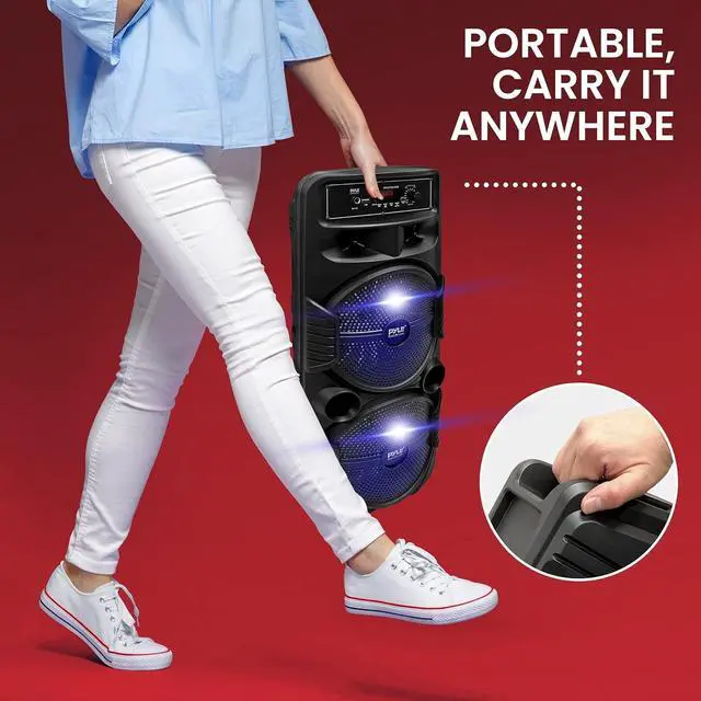 Alt view image 7 of 7 - Pyle Dual 8" Portable Bluetooth PA Speaker System with Rechargeable Battery, Flashing Party Lights, and FM Radio - 600 Watt MAX