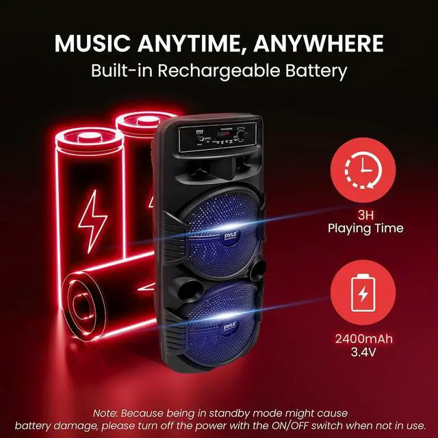 Alt view image 5 of 7 - Pyle Dual 8" Portable Bluetooth PA Speaker System with Rechargeable Battery, Flashing Party Lights, and FM Radio - 600 Watt MAX