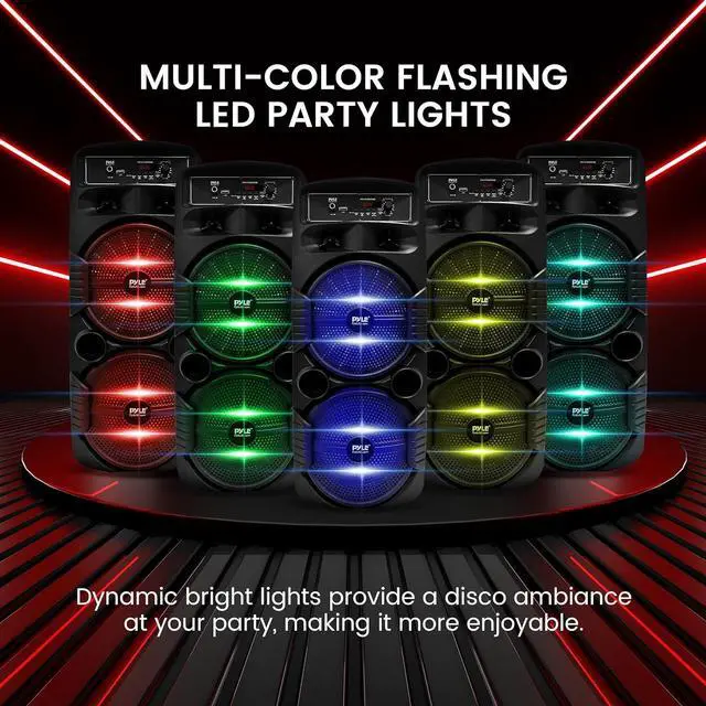 Alt view image 3 of 7 - Pyle Dual 8" Portable Bluetooth PA Speaker System with Rechargeable Battery, Flashing Party Lights, and FM Radio - 600 Watt MAX