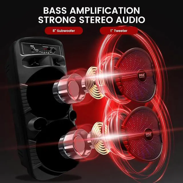 Alt view image 2 of 7 - Pyle Dual 8" Portable Bluetooth PA Speaker System with Rechargeable Battery, Flashing Party Lights, and FM Radio - 600 Watt MAX