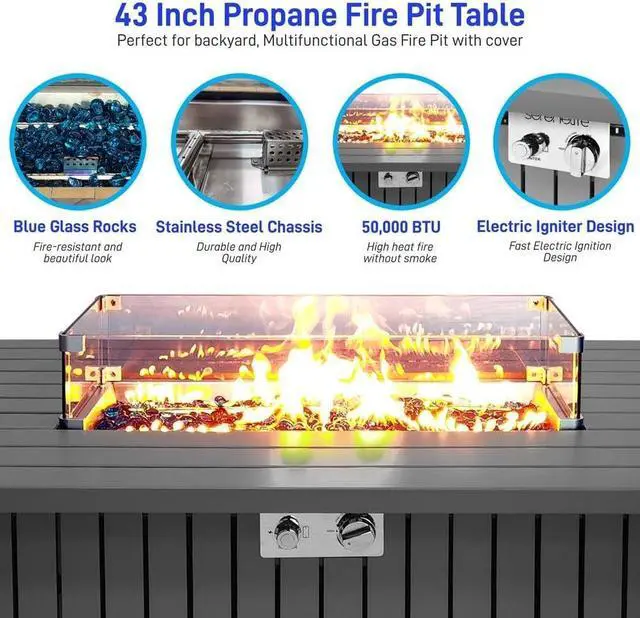 Alt view image 4 of 7 - SereneLife Propane Gas Fire Pit Table - 50,000 BTU Rectangle Gas Fire Pit with Glass Wind Guard and Weather Cover