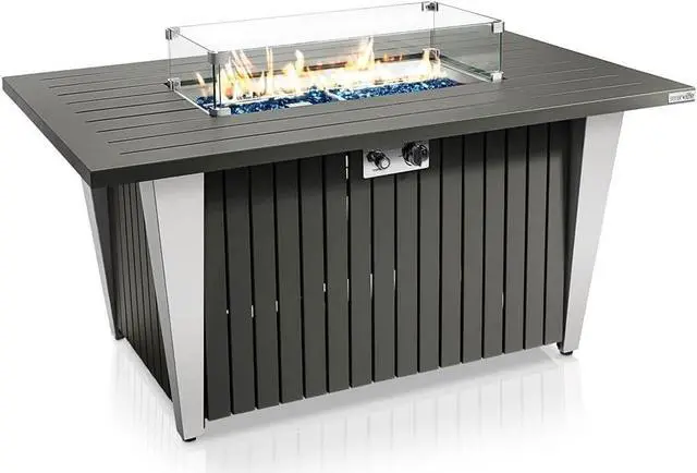 Main image of SereneLife Propane Gas Fire Pit Table - 50,000 BTU Rectangle Gas Fire Pit with Glass Wind Guard and Weather Cover