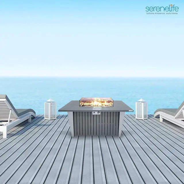 Alt view image 7 of 7 - SereneLife Propane Gas Fire Pit Table - 50,000 BTU Rectangle Gas Fire Pit with Glass Wind Guard and Weather Cover