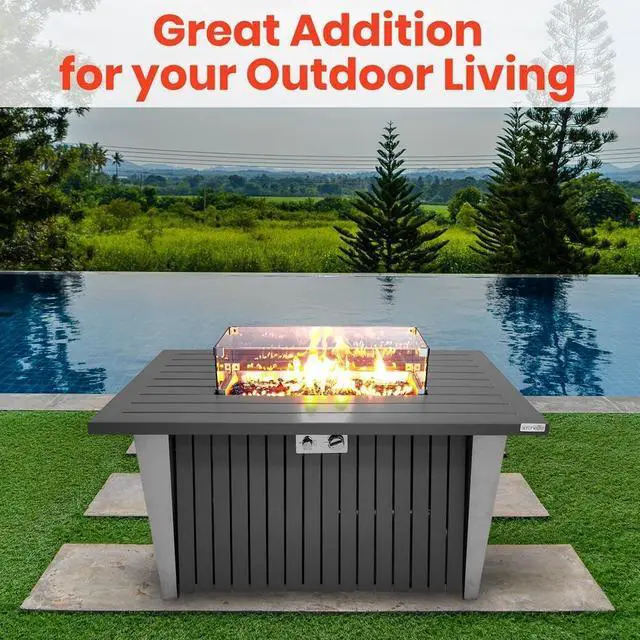 Alt view image 6 of 7 - SereneLife Propane Gas Fire Pit Table - 50,000 BTU Rectangle Gas Fire Pit with Glass Wind Guard and Weather Cover