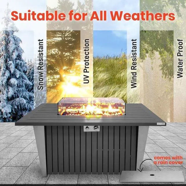 Alt view image 3 of 7 - SereneLife Propane Gas Fire Pit Table - 50,000 BTU Rectangle Gas Fire Pit with Glass Wind Guard and Weather Cover