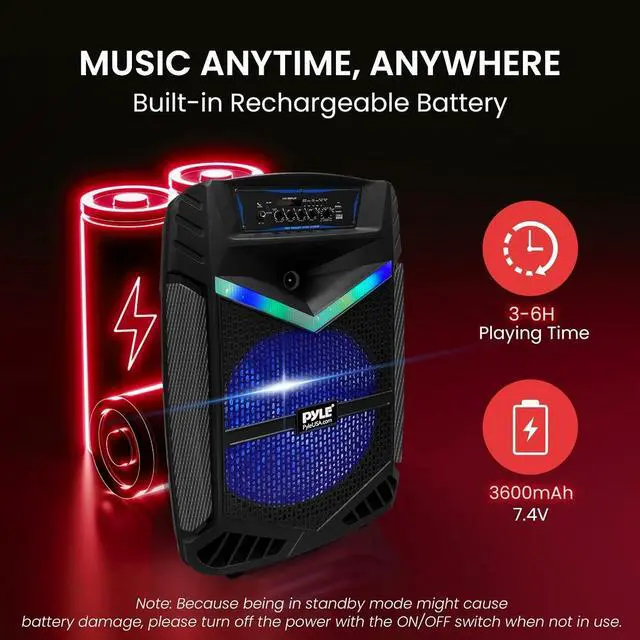 Alt view image 3 of 7 - Pyle 15 Portable Bluetooth PA Speaker - 1200W Max, Rechargeable Battery, Party Lights, Black