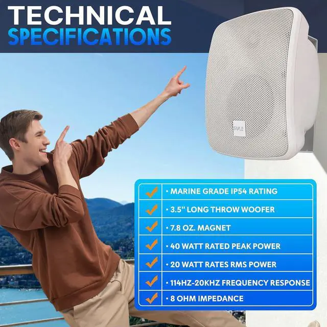 Alt view image 7 of 7 - Pyle 3.5" Waterproof On-Wall Patio Commercial Speaker, 2-Way Full-Range Stereo Sound with 70V Transformer - White (PDWR445TW)
