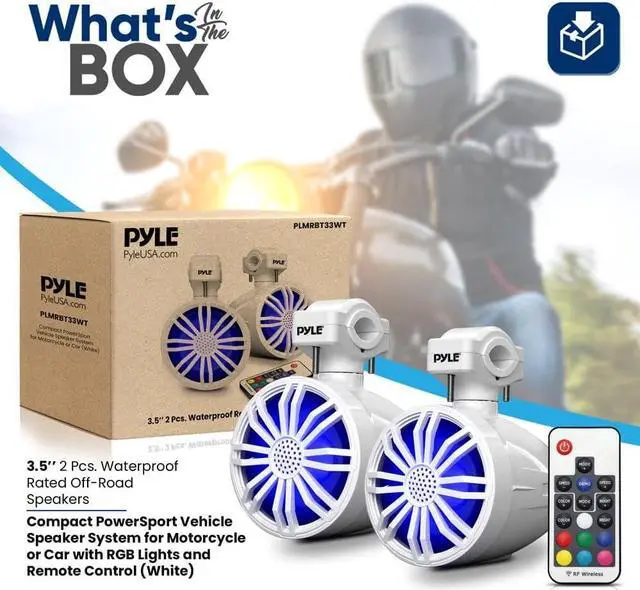 Alt view image 7 of 7 - Pyle 3.5" Waterproof Bluetooth Off-Road Speakers, Compact Powersport System with RGB Lights & Remote Control - White (PLMRBT33WT)