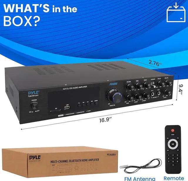 Alt view image 3 of 7 - Pyle Multi-Channel Bluetooth Home Amplifier - 5.1 Channel Audio System with FM Radio, USB/SD Readers, Built-in Bluetooth - PDA8BU