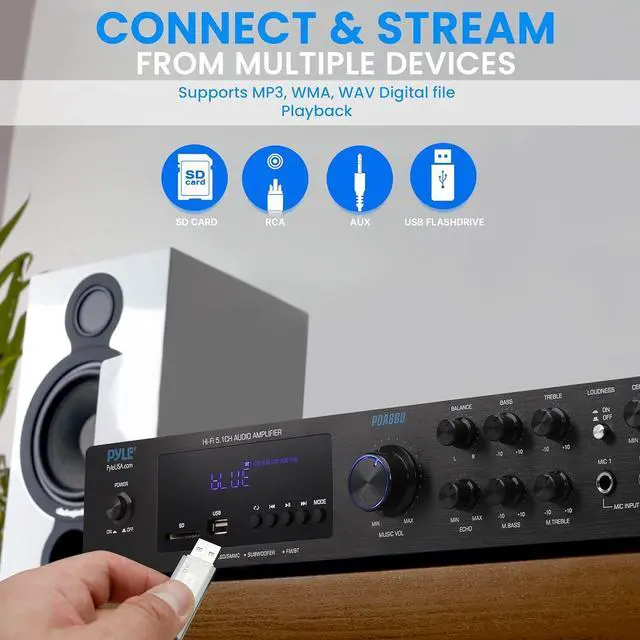 Alt view image 2 of 7 - Pyle Multi-Channel Bluetooth Home Amplifier - 5.1 Channel Audio System with FM Radio, USB/SD Readers, Built-in Bluetooth - PDA8BU